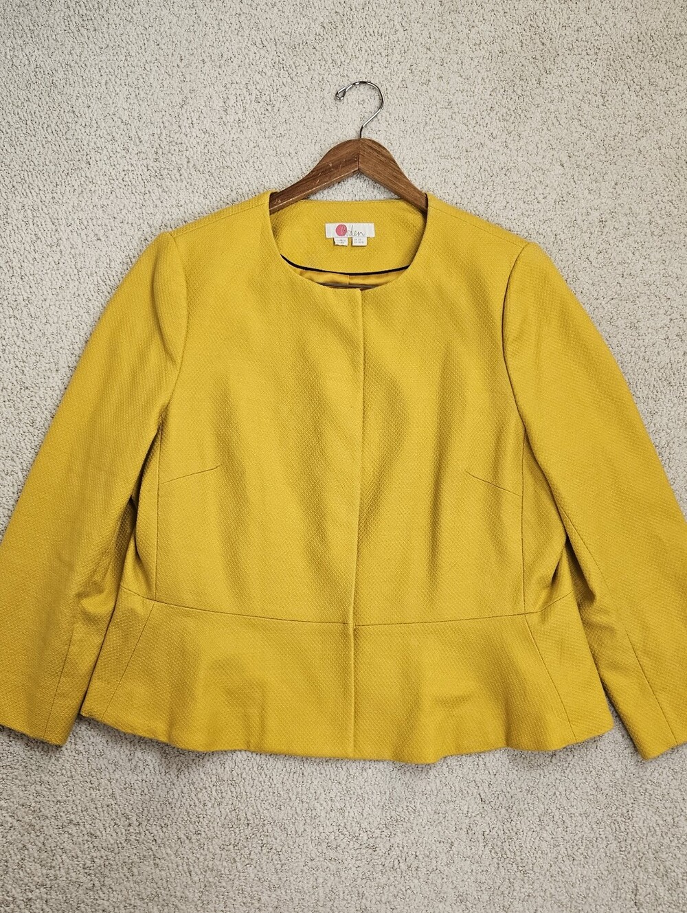 Boden Blazer Jacket Mustard Yellow Textured Cotton Snap Front Peplum Women 16 18